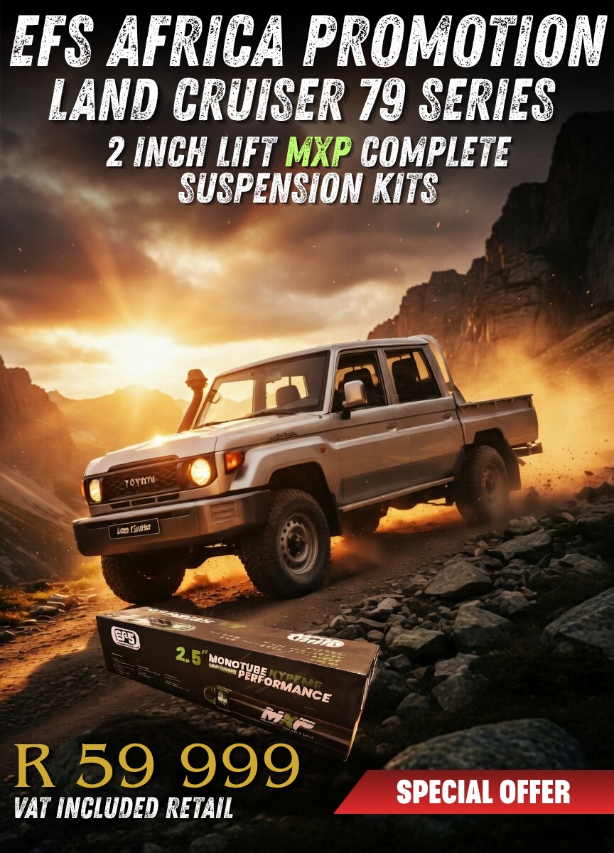 EFS MXP 2.5 suspension kit promotion for Toyota Land Cruiser 79 Series with off-road vehicle