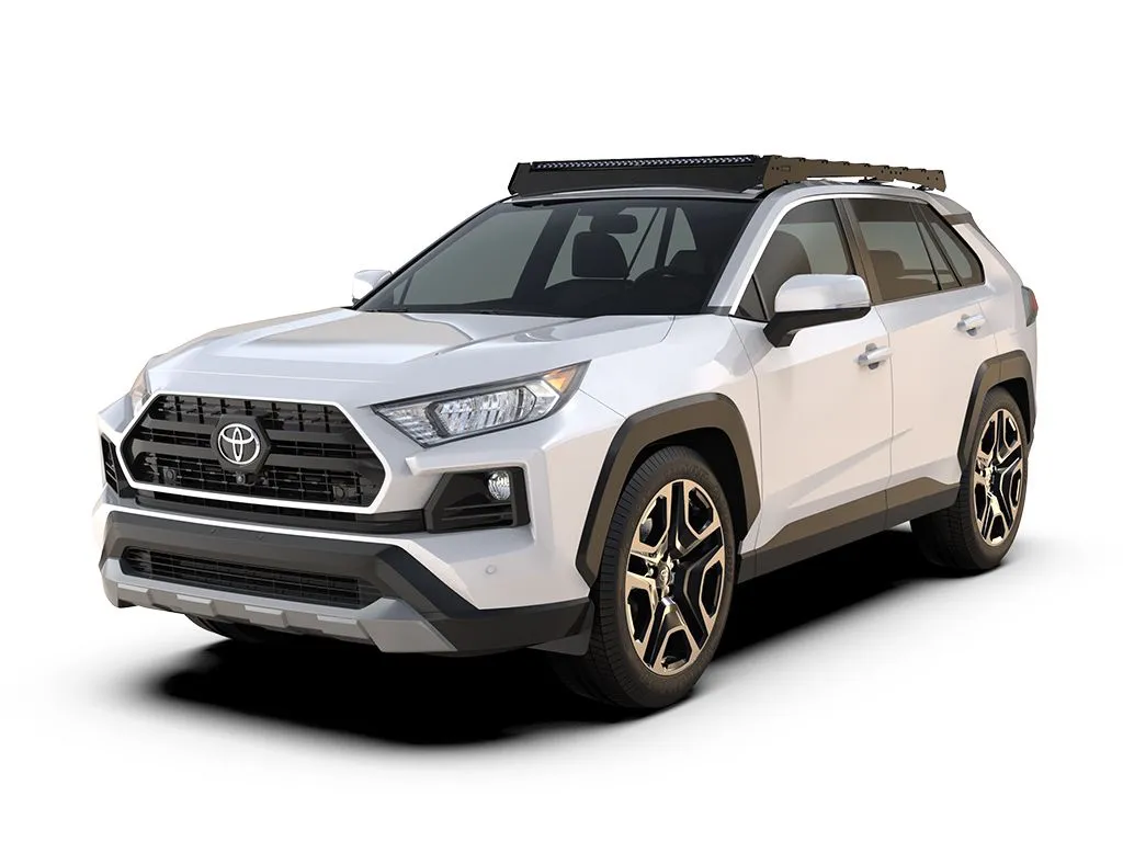 Toyota RAV4 with low-profile black roof rack and integrated LED light bar, front three-quarter view